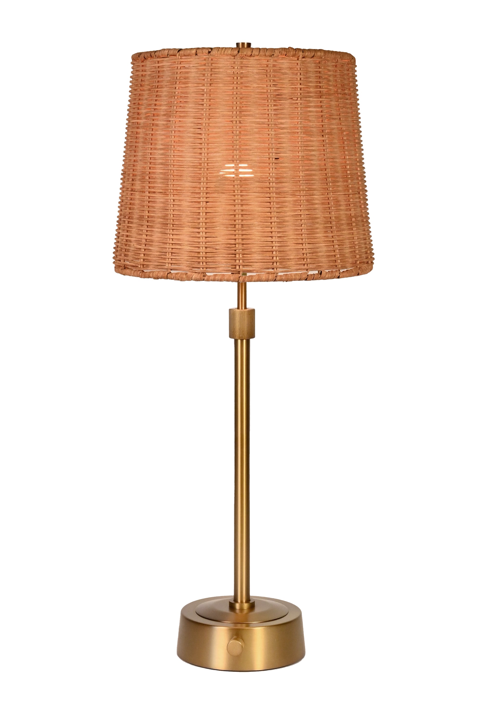 brass cordless lamp with rattan shade