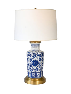 elaine cordless blue and white lamp on brass