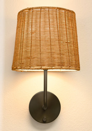 emily battery operated wall sconce with rattan shade