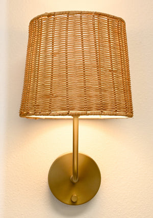 emily rechargeable brass wall sconce rattan shade