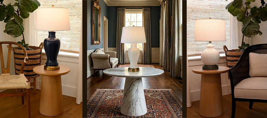 Stylish modern living room featuring cordless ceramic lamps on tables, showcasing elegance and design.