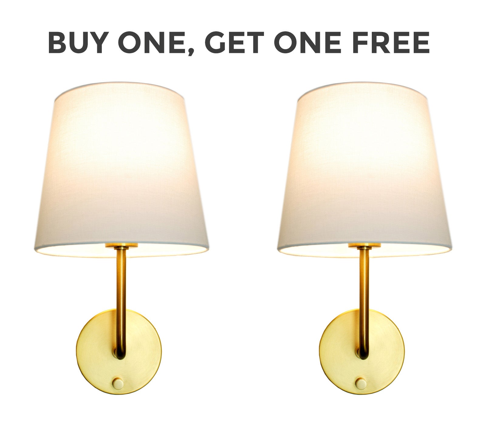 Two wall-mounted cordless lamps with gold fixtures on a white background, featuring 'Buy One, Get One Free' text.