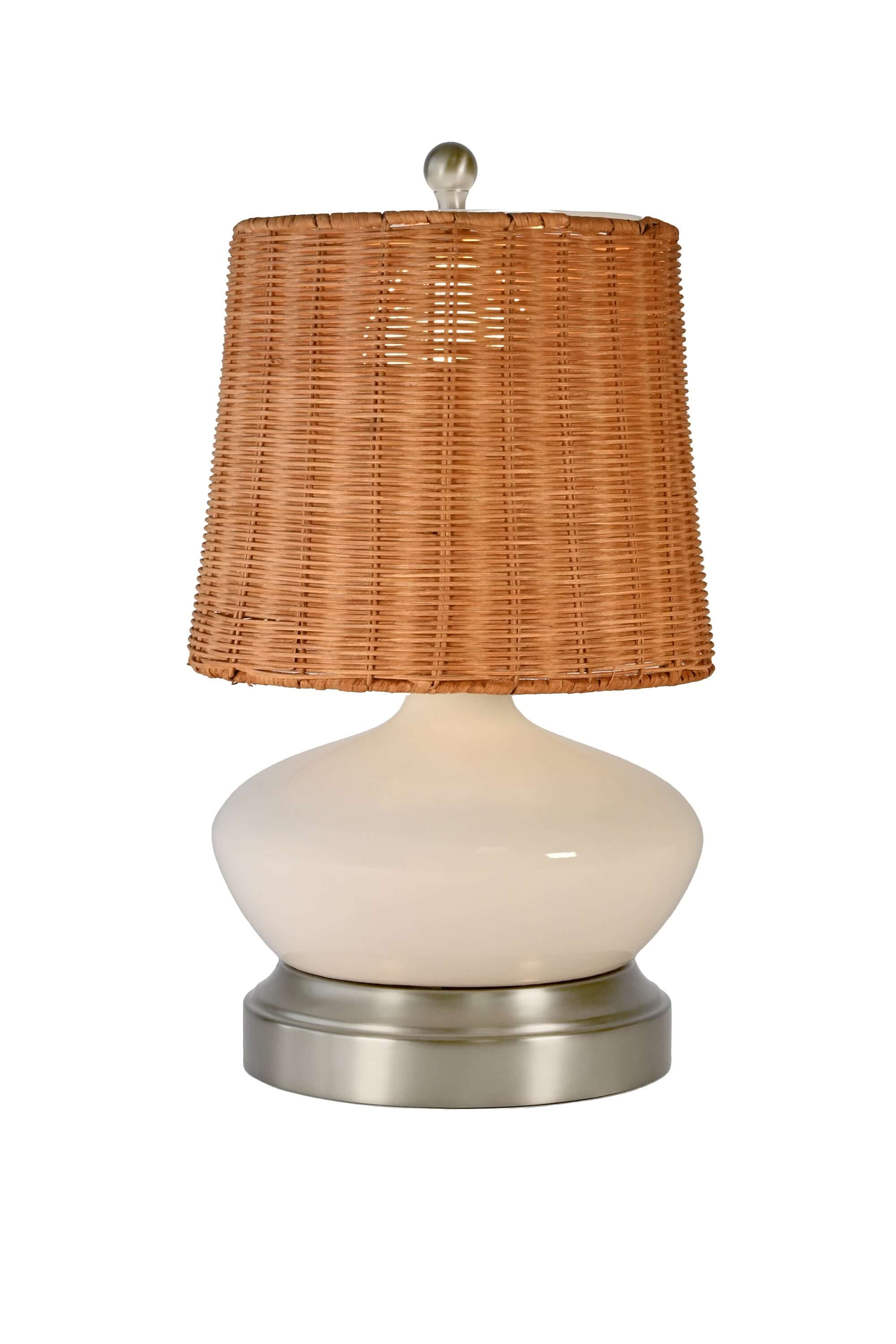 bella ivory ceramic cordless lamp with rattan lamp shade