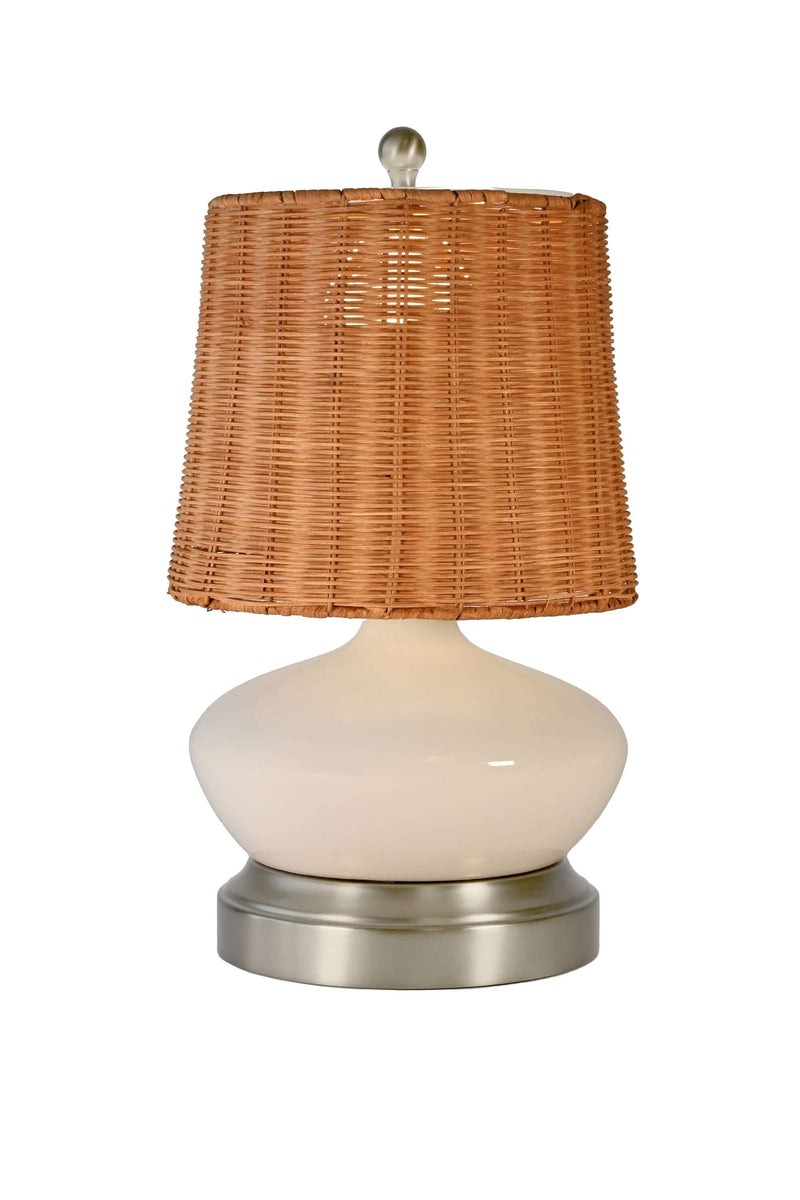 bella ivory ceramic cordless lamp with rattan lamp shade