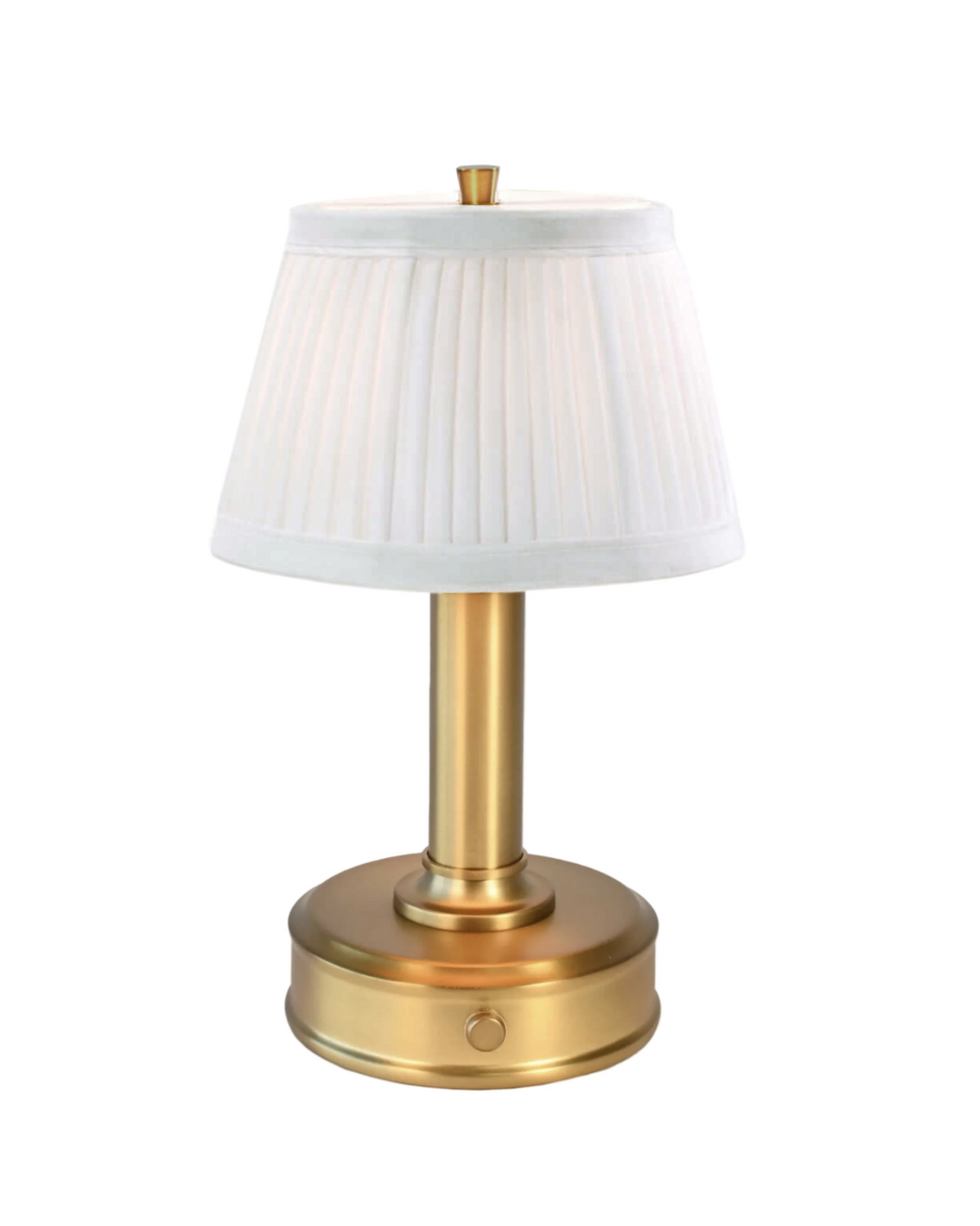 mini lily cordless battery lamp for dining in brass finish with pleated shade