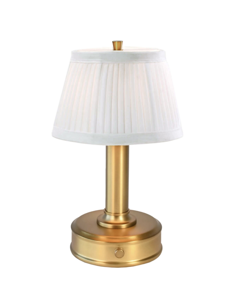 mini lily cordless battery lamp for dining in brass finish with pleated shade