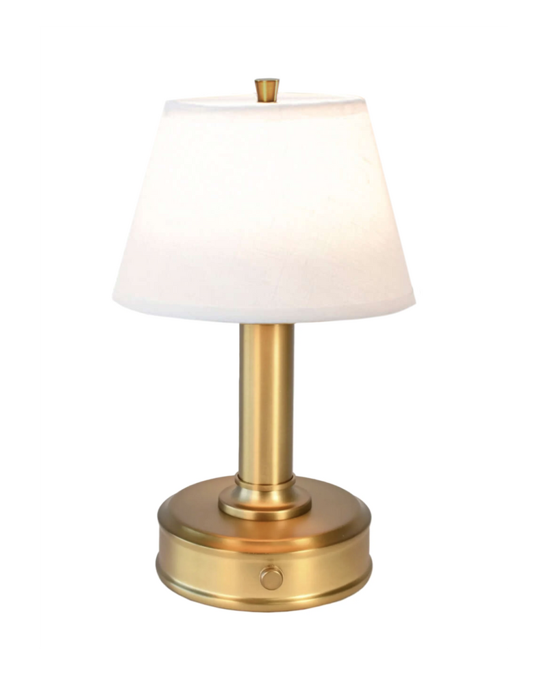 small battery operated cordless mini lamp linen shade brass finish