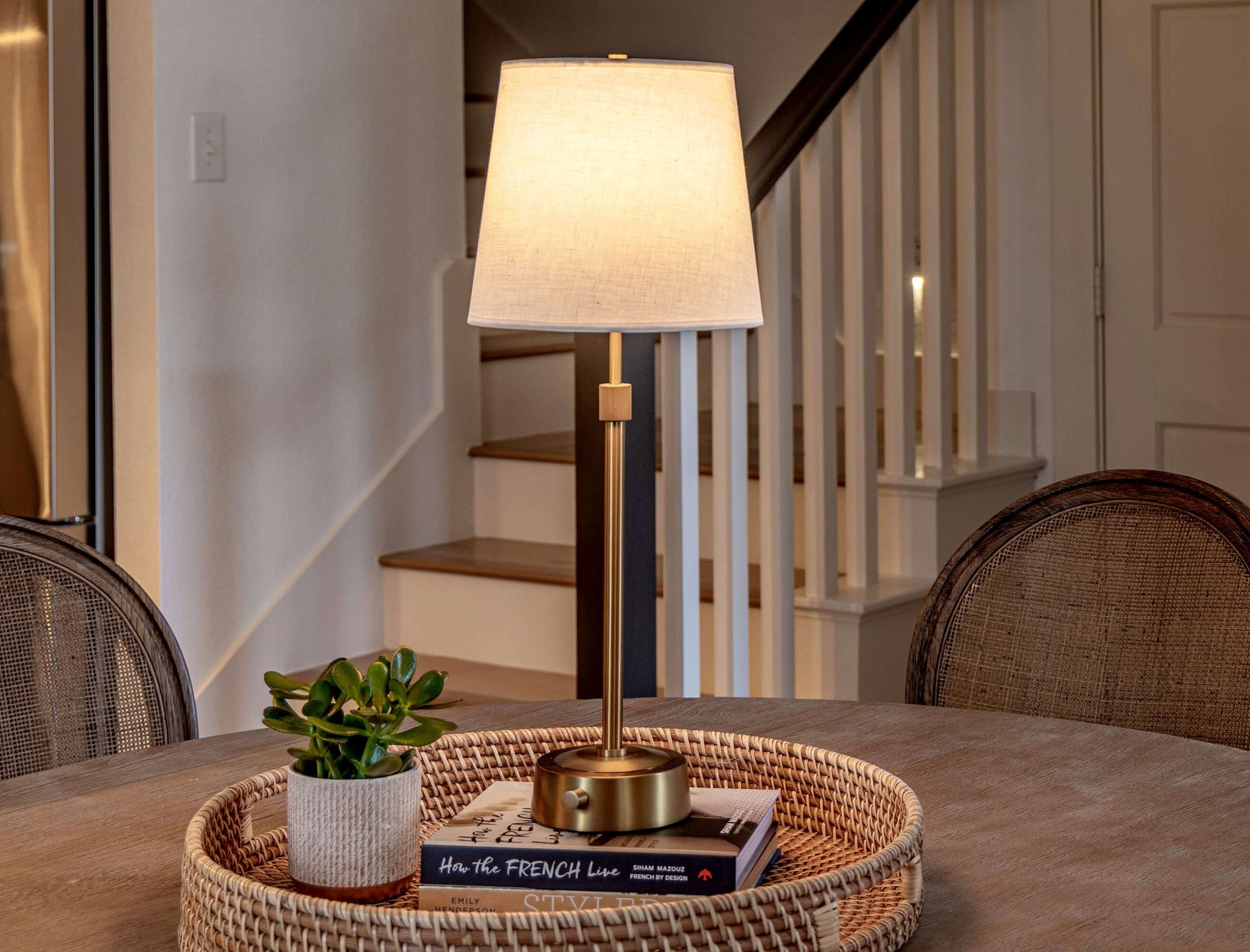mini  brass linen cordless lamp by modern lantern in brass finish