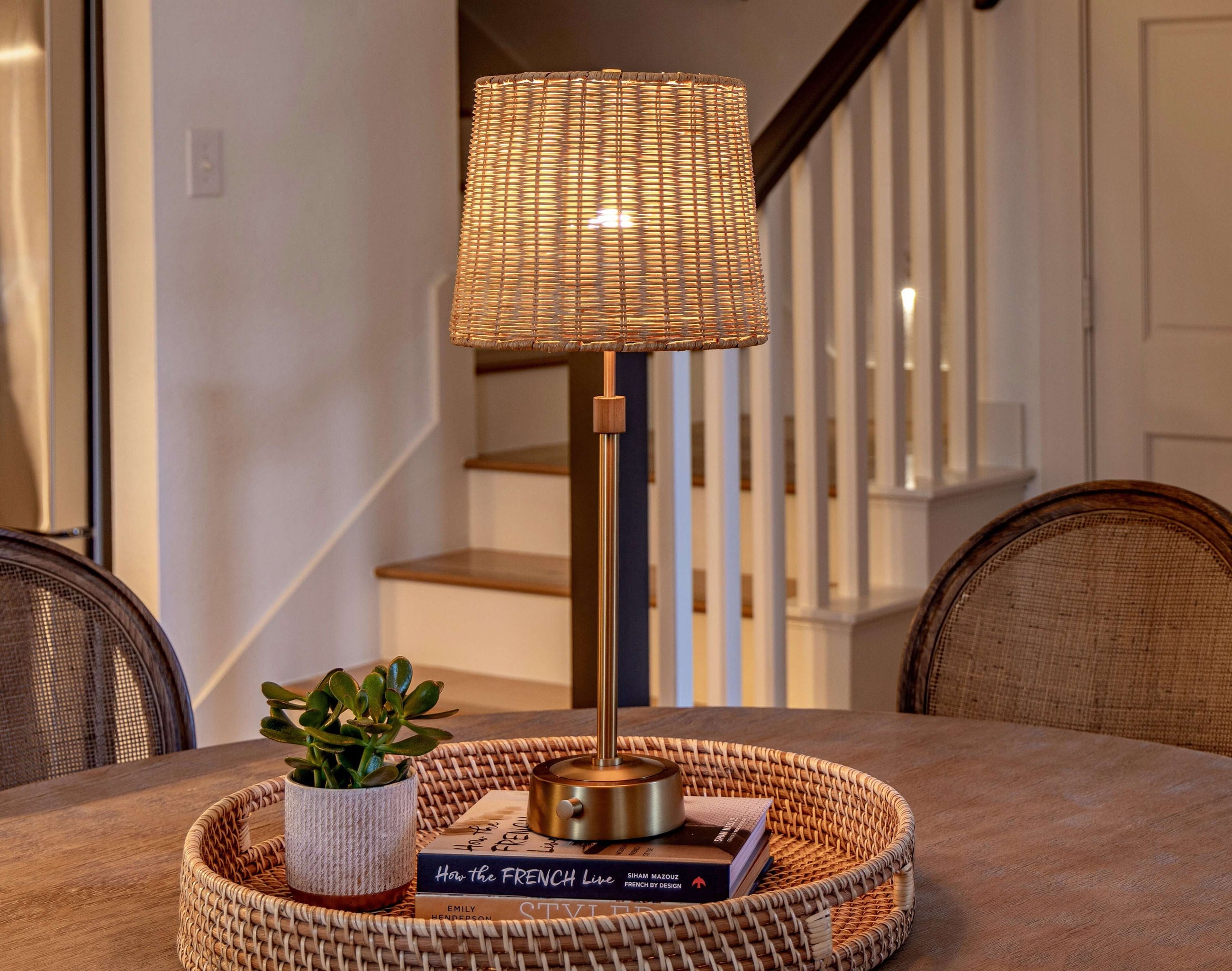 mini brass cordless lamp with rattan shade