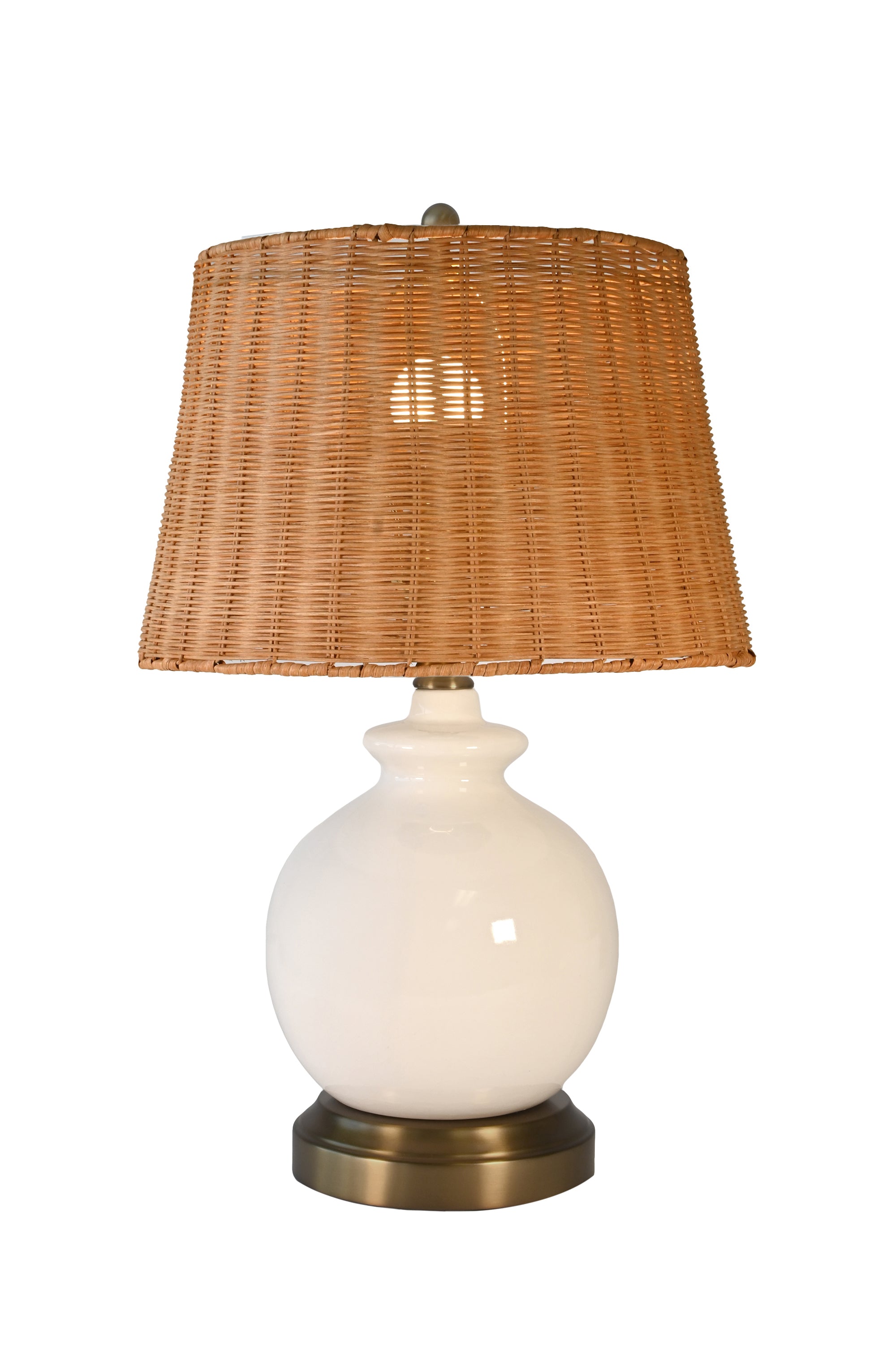 abbeygale cordless designer table lamp  on dark brass metal with woven shade