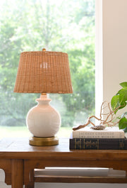 ivory ceramic with rattan shade designer cordless table lamp