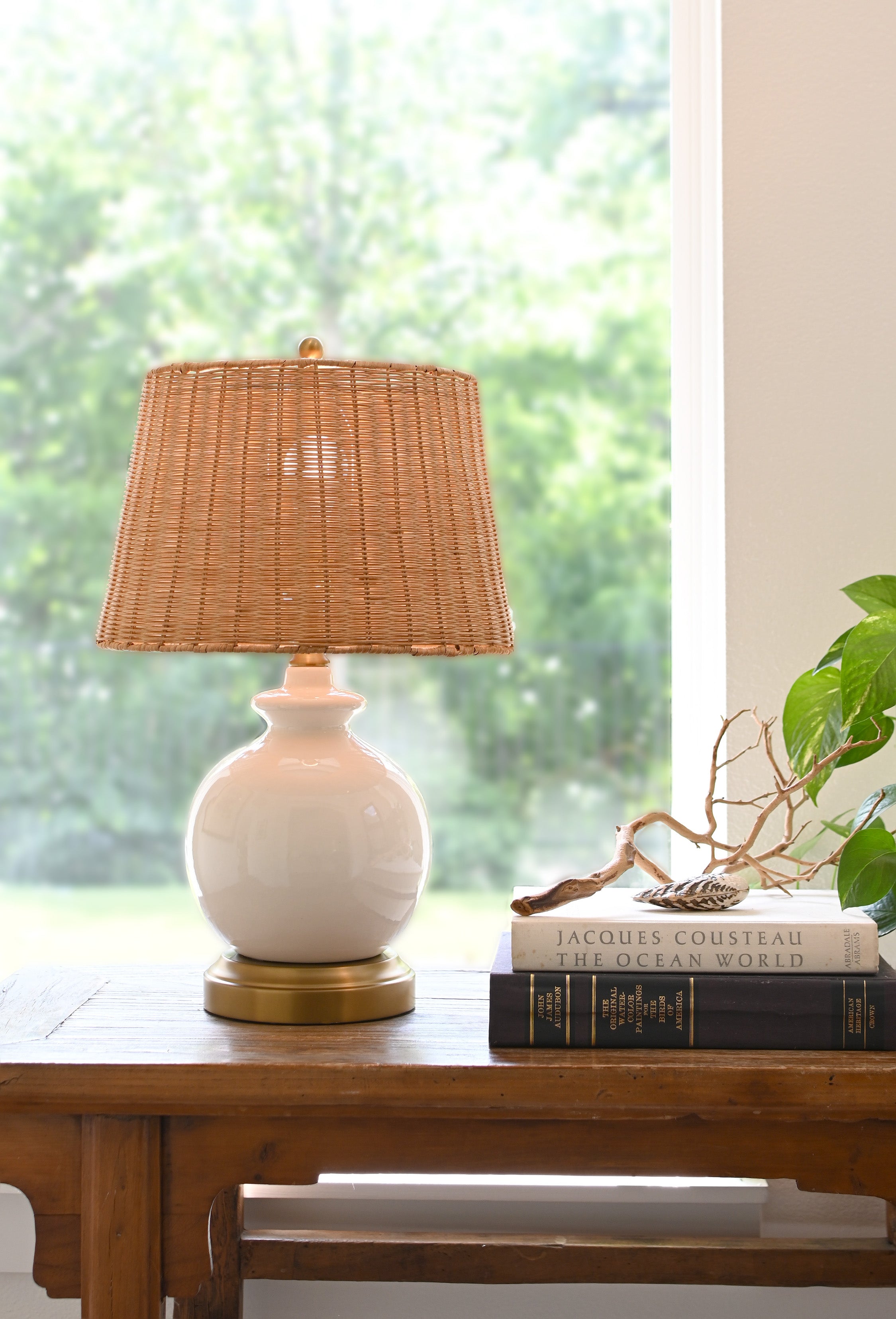 ivory ceramic with rattan shade designer cordless table lamp
