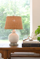 eggshell glaze with rattan battery operated designer lamp usa made