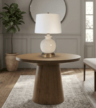 Wooden side table with abbeygale cordless lamp in a entry room setting