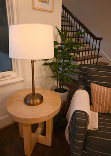 alexis drum lamp in antique brass metal finish, rechargeable battery operated