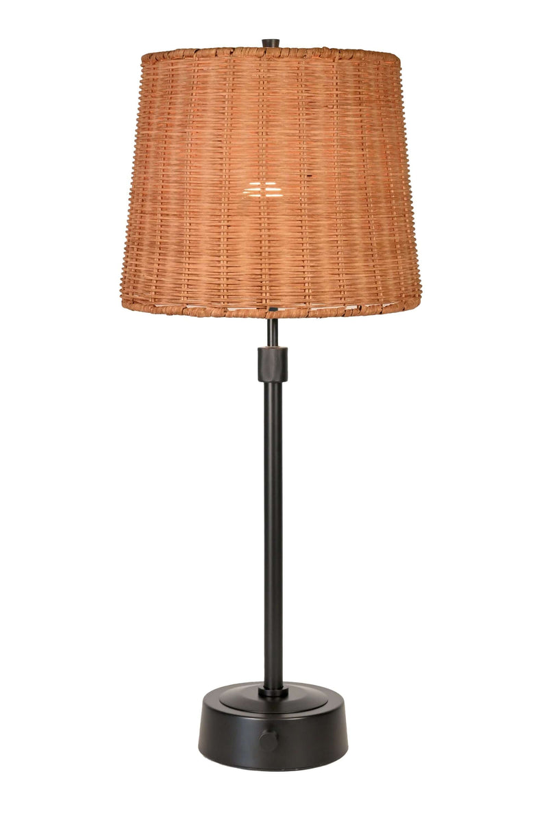 mini black cordless lamp with woven rattan shade