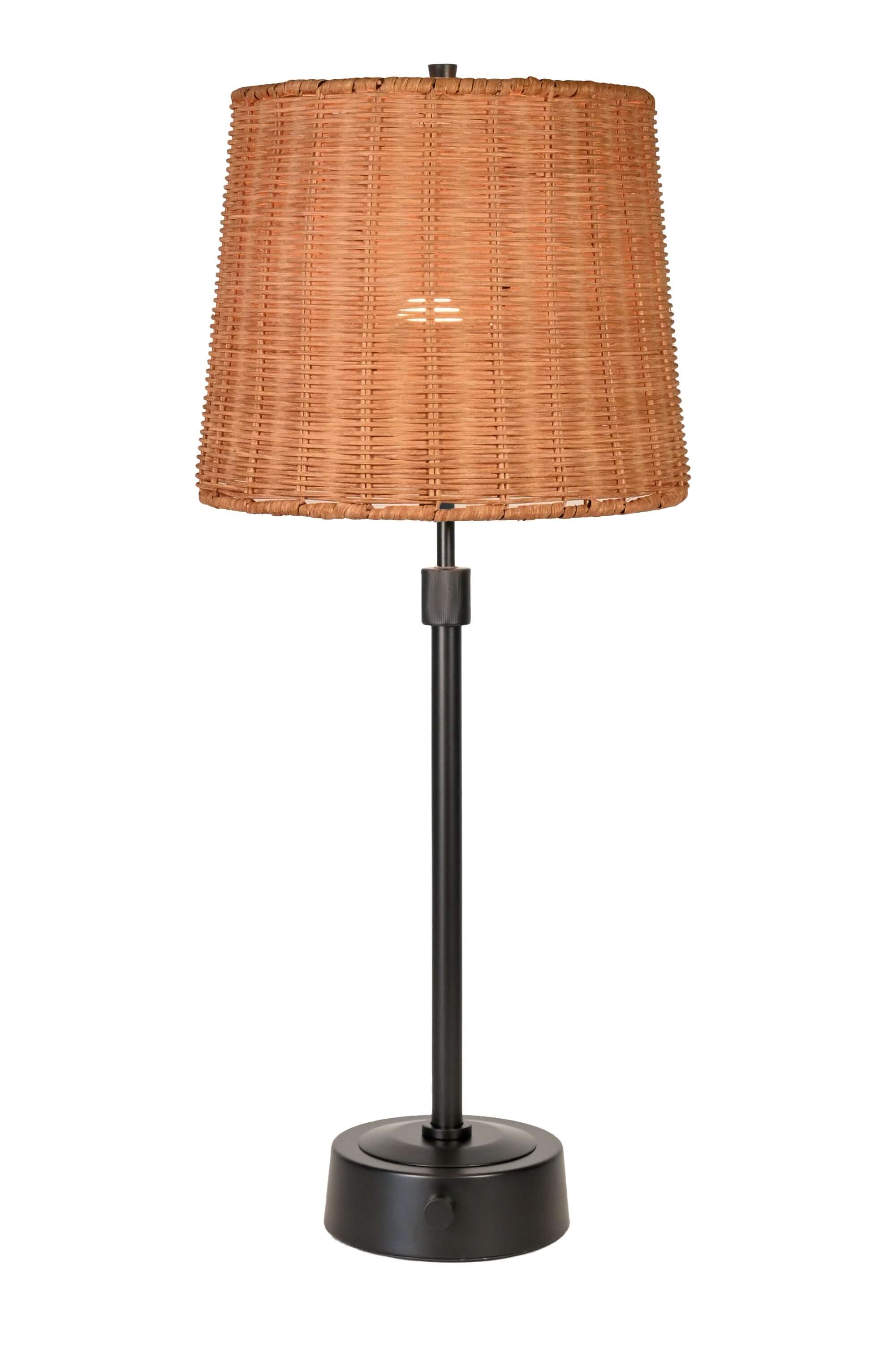 mini black cordless lamp with woven rattan shade