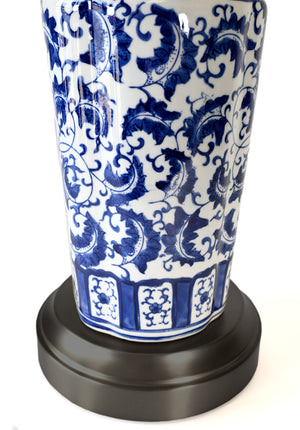 blue and white hand painted detailing on modern lantern lamp