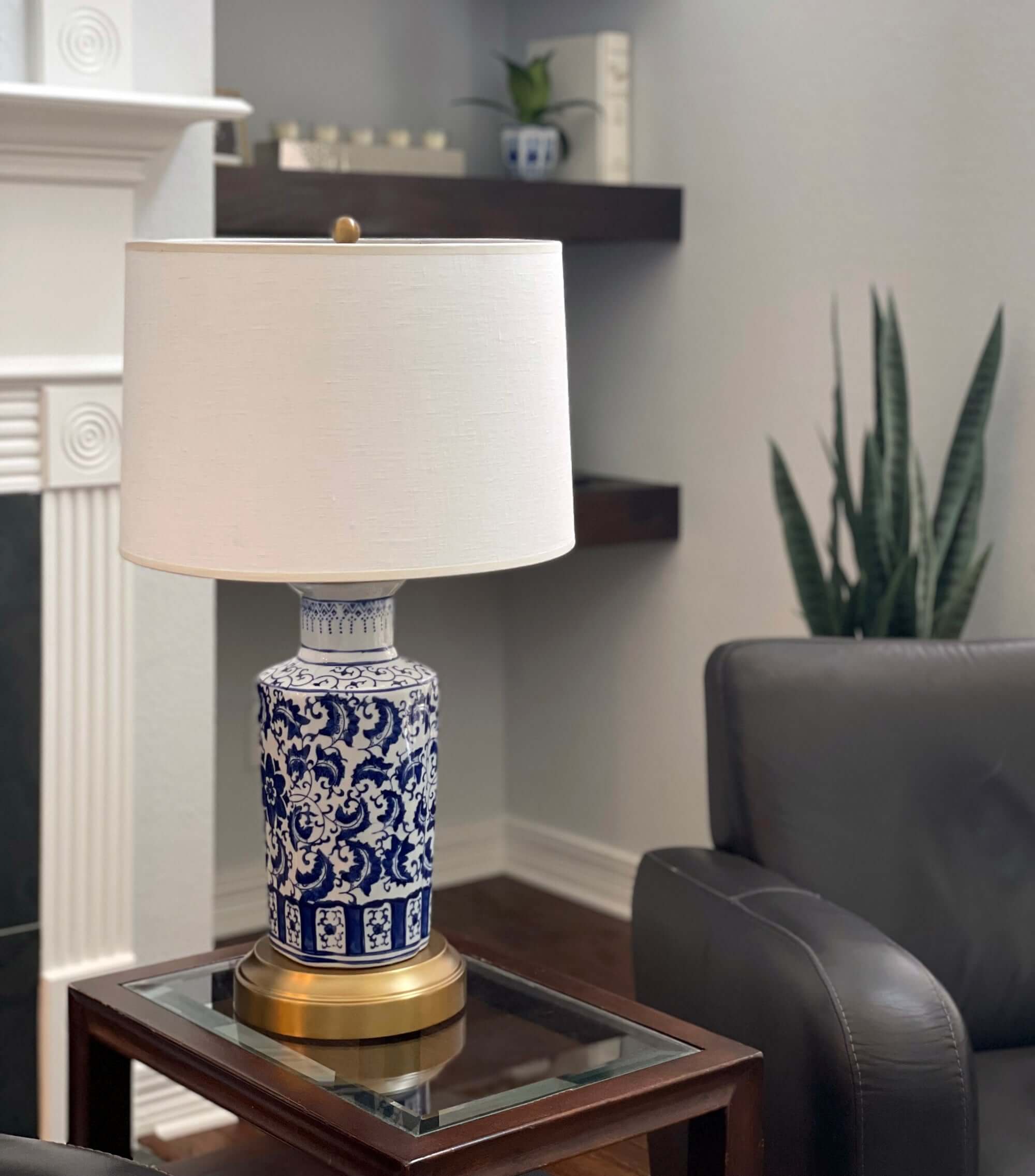 elaine cordless blue and white on brass lamp