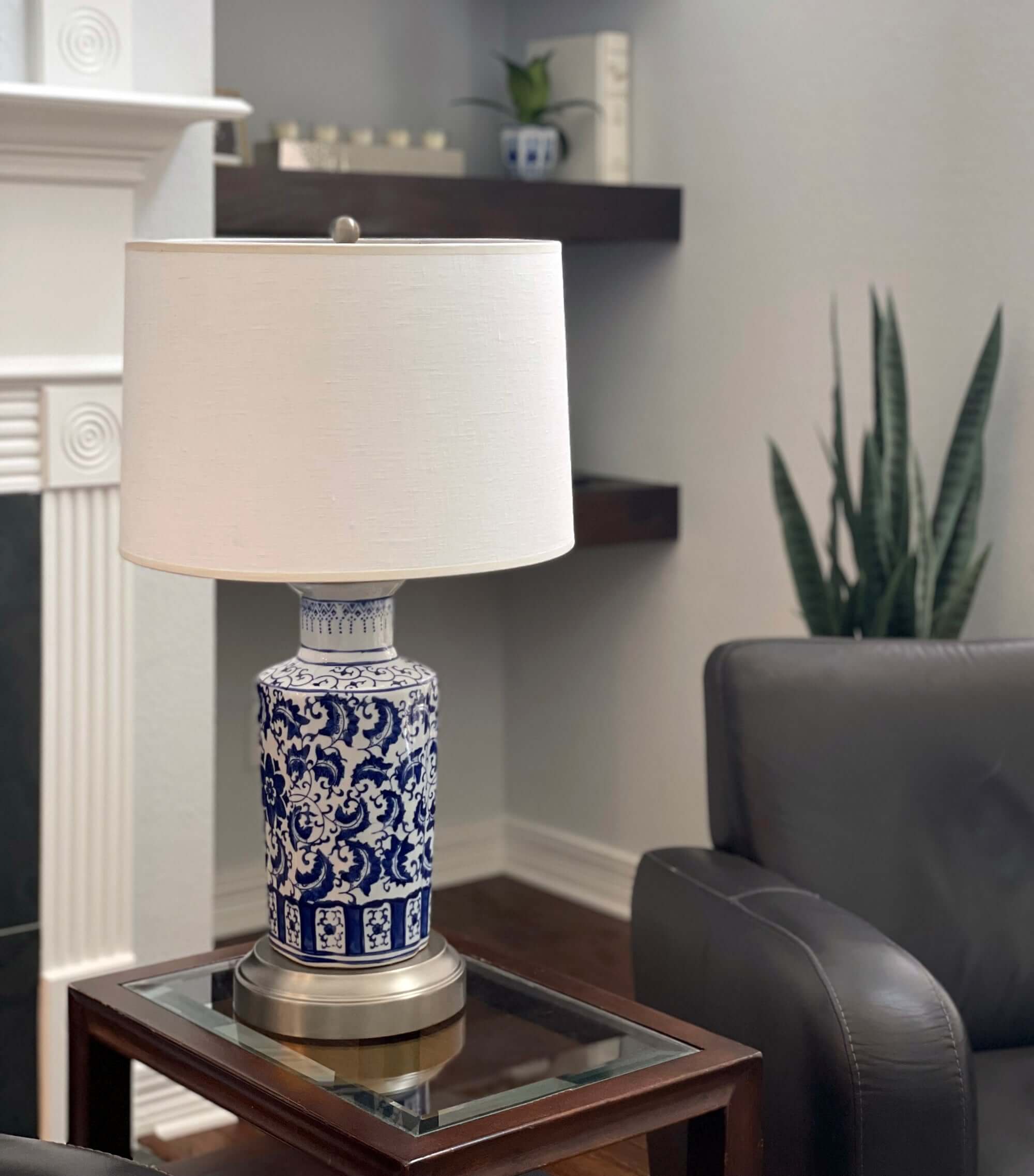 elaine cordless blue and white lamp on nickel