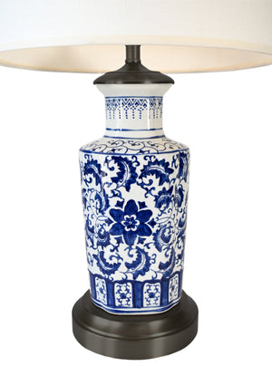 blue and white chinoiserie battery operated lamp on black metal