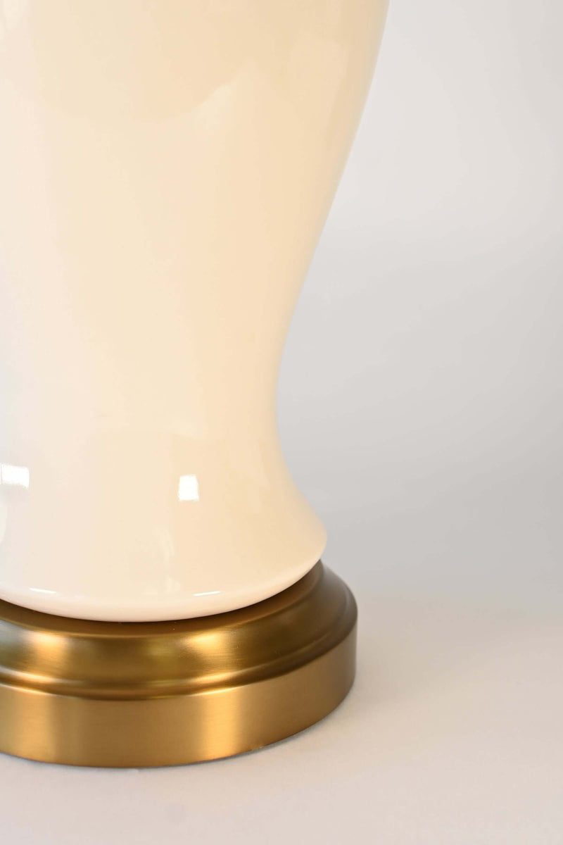 Close up of ivory ceramic body of a cordless lamp made in America