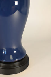 dark blue ceramic glaze cordless lamp base on black metal detail