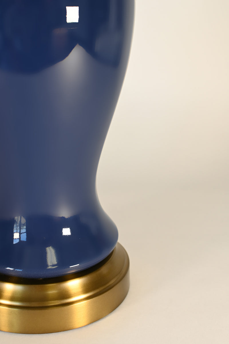 navy ceramic lamp on brass base detail