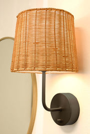 emily black metal cordless wall lamp with rattan