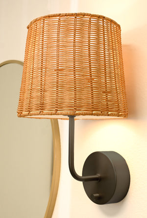 emily black metal cordless wall lamp with rattan