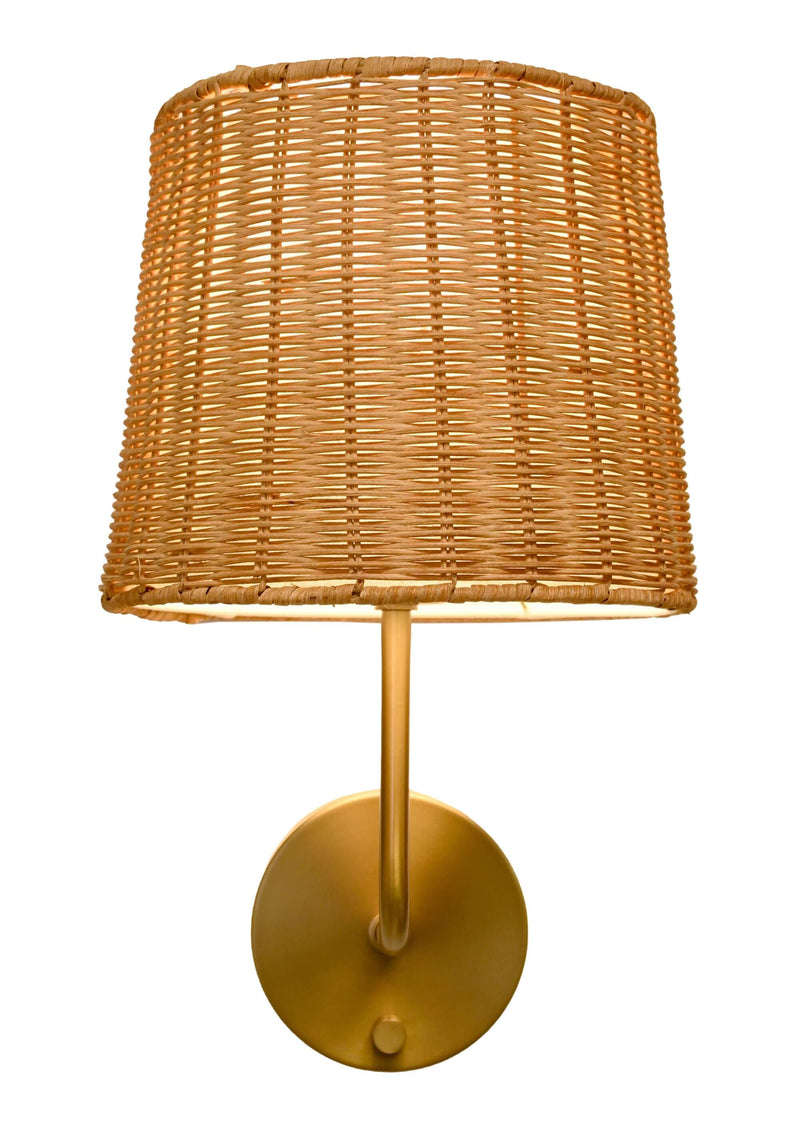 emily brass cordless wall lamp with rattan shade