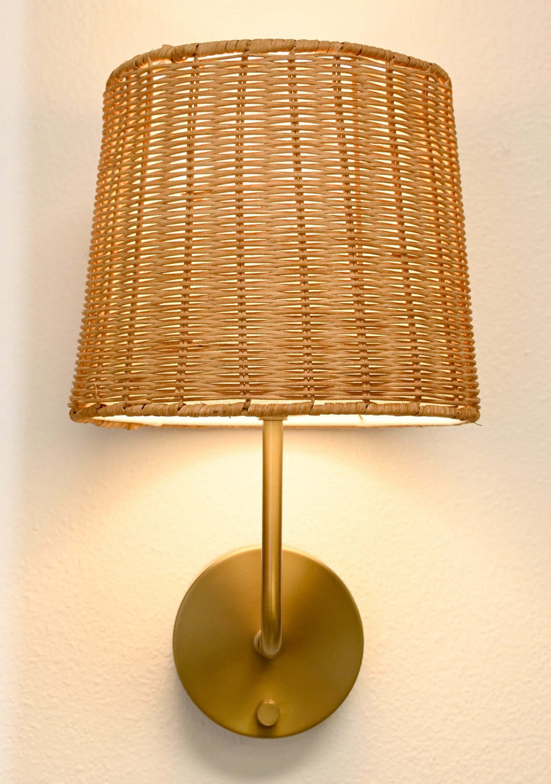 emily rechargeable brass wall sconce rattan shade