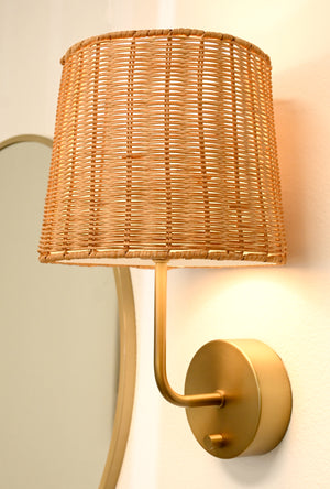 emily brass sconce rattan shade lifestyle