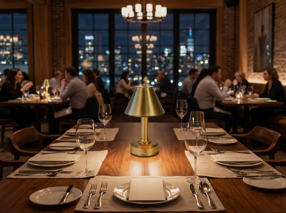 warmly lit restaurant in city featuring cordless mini brass lamps from modern lantern