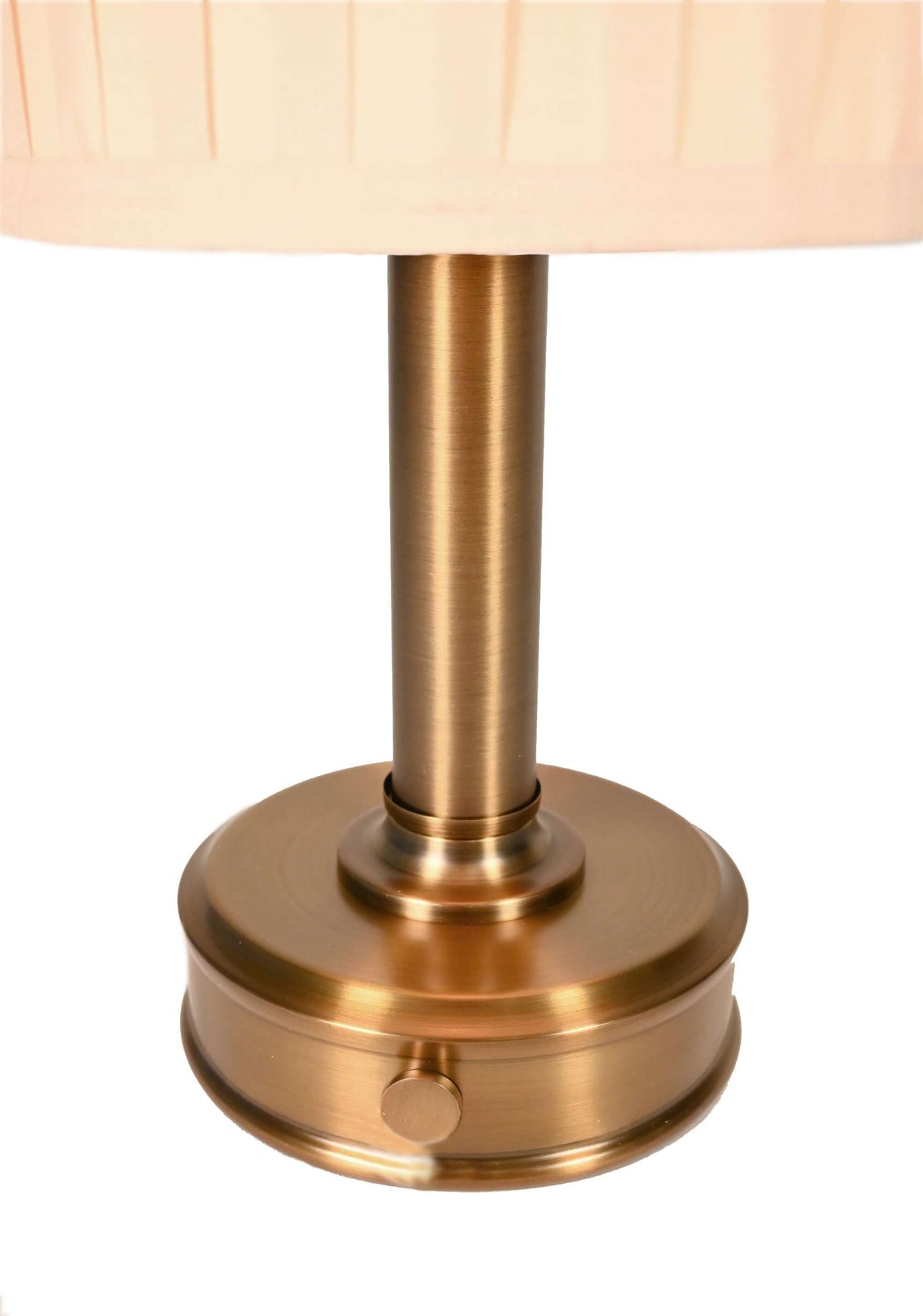 detail of modern lantern lucy mini cordless lamp with dark brass metal finish and pleated fabric shade