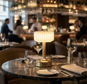 milo mini rechargeable lamp in brass and alabaster for bars and restaurant fine dining