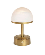 Mini cordless lamp in antique brass with alabaster frosted glass, perfect for indoor use and dining tables.