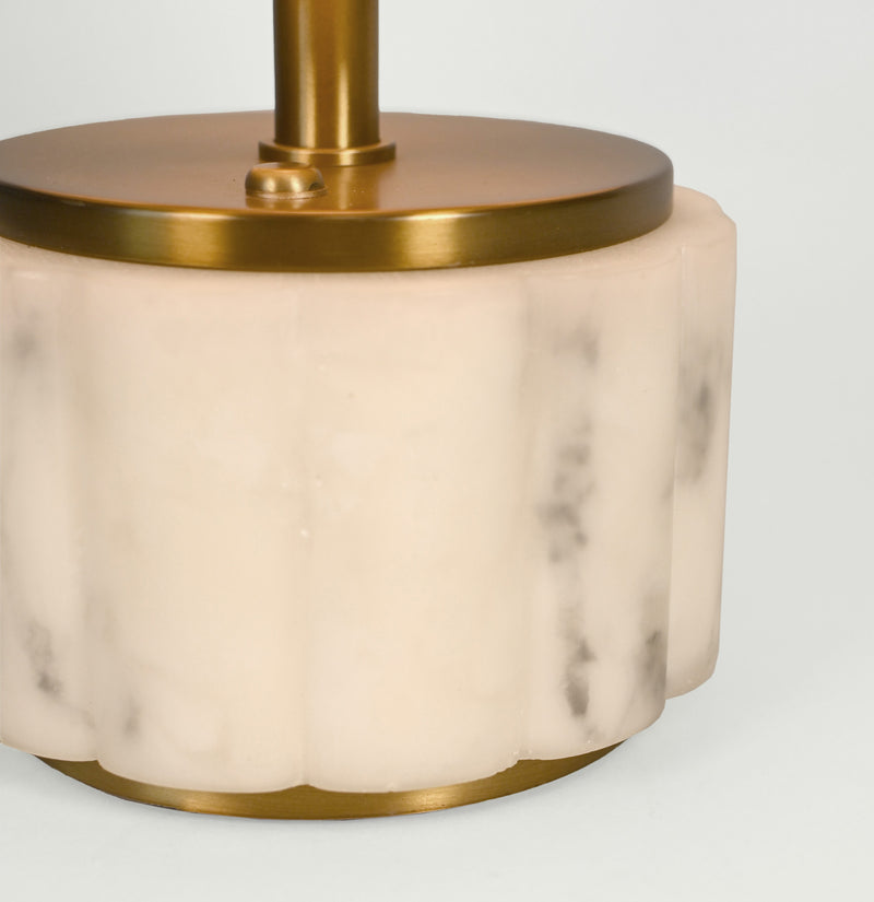 Mini Nora cordless lamp base showing white alabaster body and antique brass dome shade.