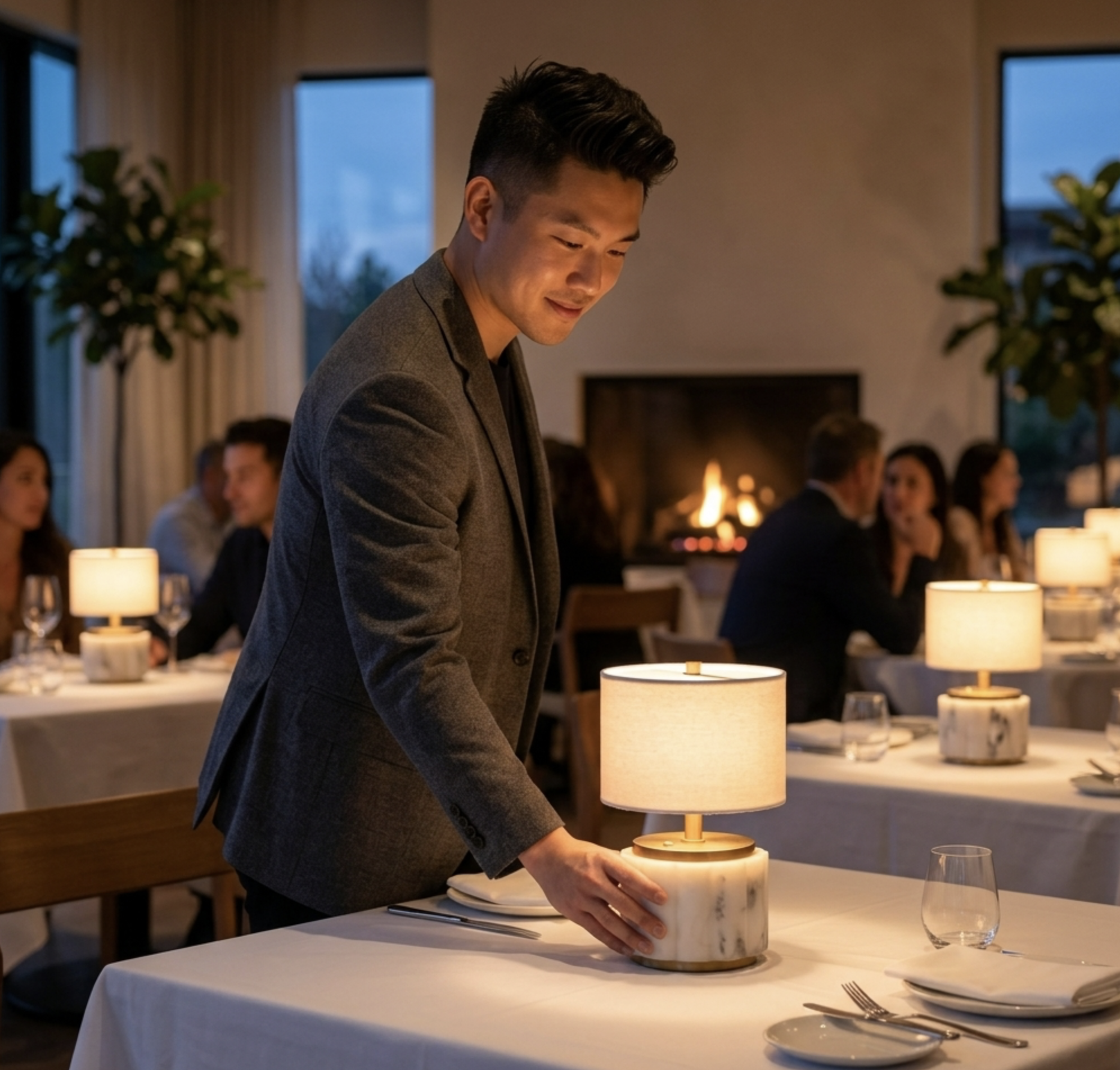 guy holding cordless lamp fine dining battery operated