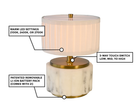 Nora rechargeable mini lamp with beige pleated shade and antique brass metal base, featuring warm LED settings.
