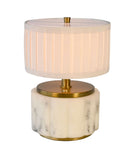 Nora rechargeable mini lamp featuring an antique brass pleated shade and white alabaster body, ideal for indoor use.