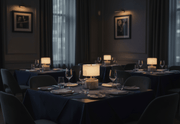 Dining room with tables set for dinner, dimly lit with modern lantern Nora cordless lamps