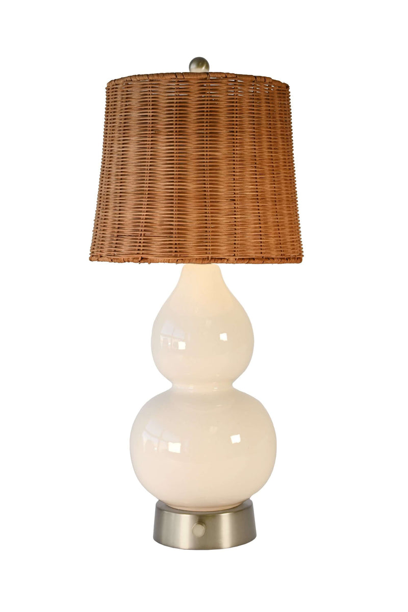 norma jean cordless mini lamp on nickel with a rattan lamp shade