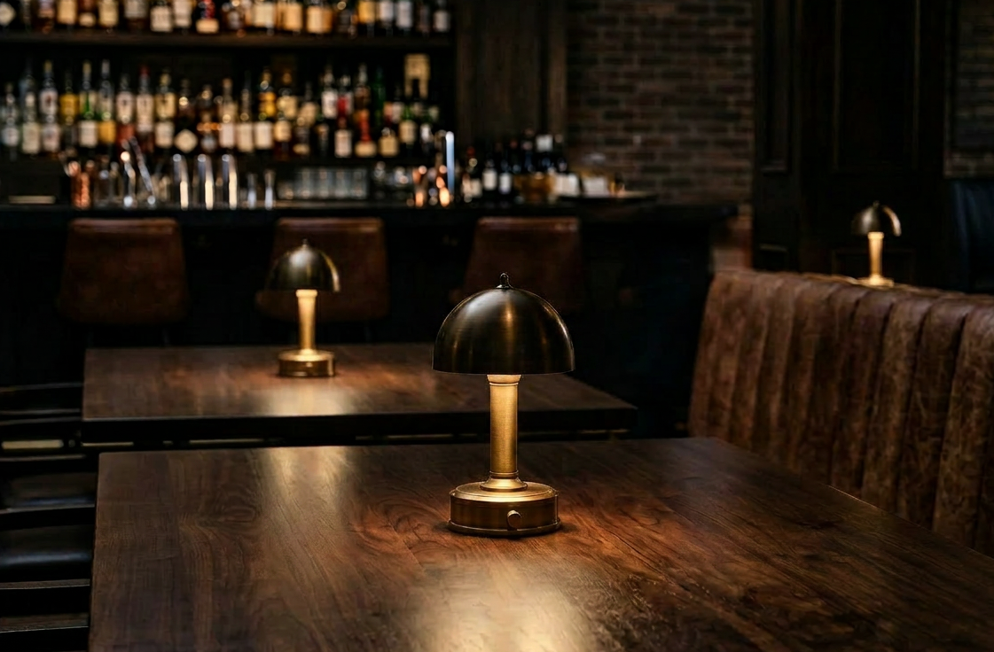Cordless mini tito lamp by modern lantern in a bar setting