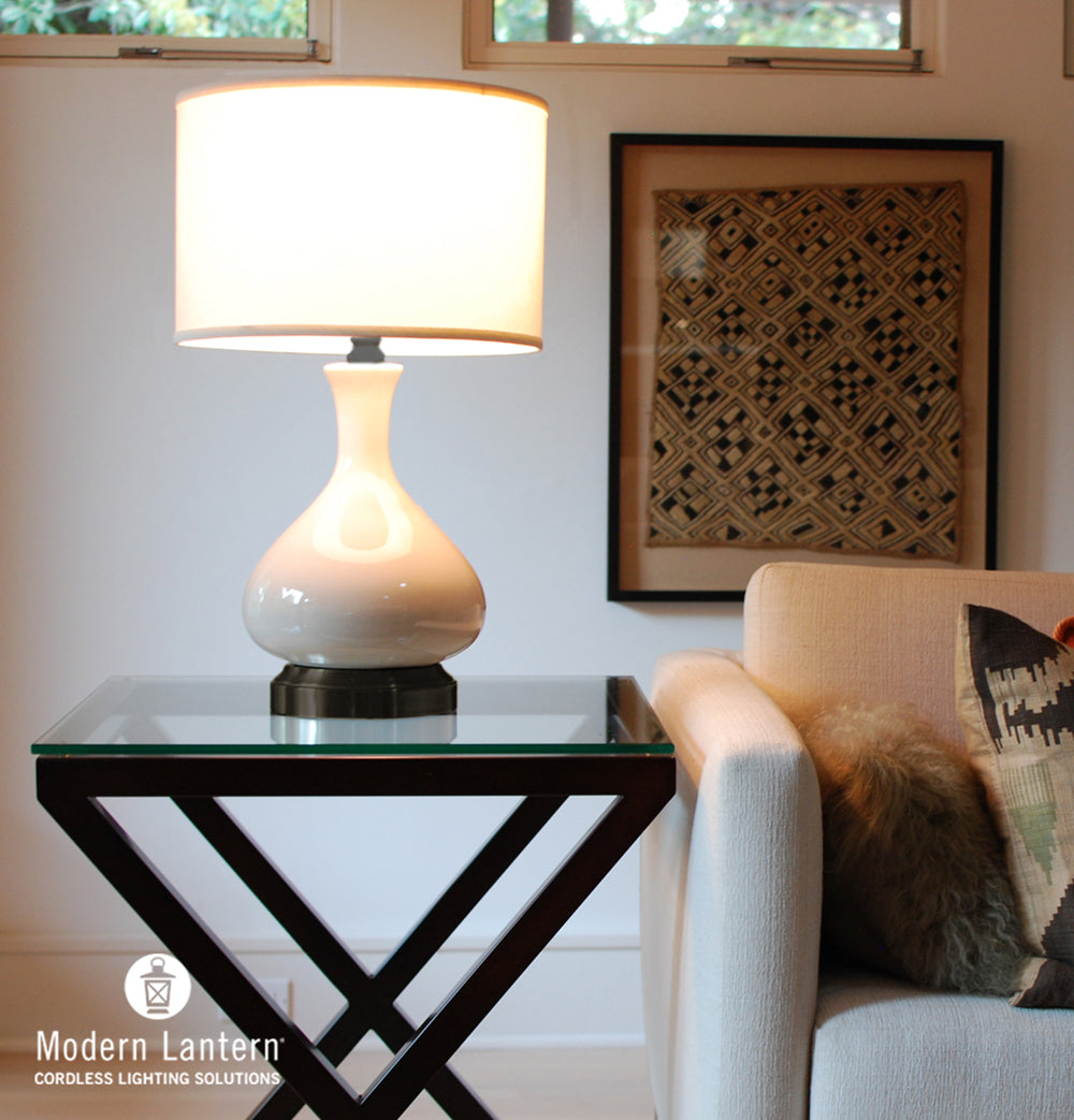 rechargeable lamp in ivory on black metal batterry base