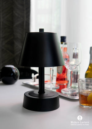 Modern Lantern Mini Metal Cordless Lamp on Brushed Nickel