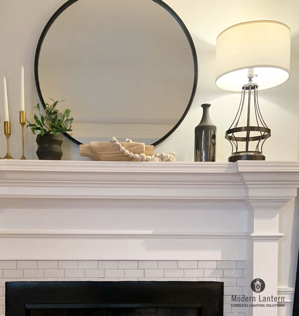 wireframe battery operated lamp on mantle modern lantern